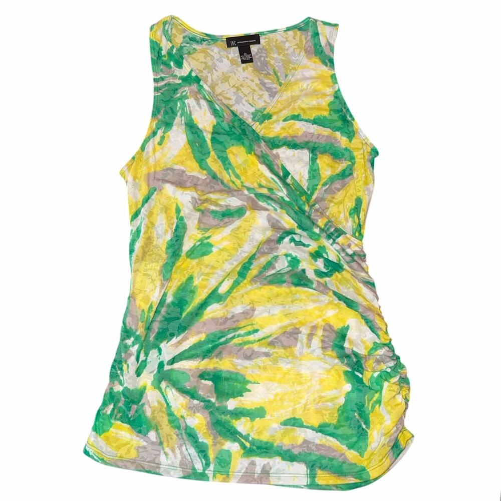 Women's XL Tie Dye Tank Top Green Yellow Ruched Asymmetrical Blouse NWT